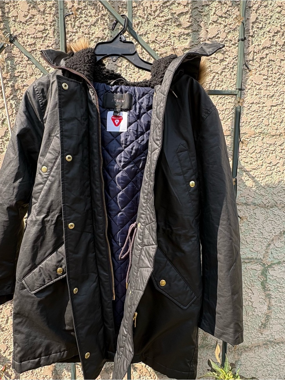 J. Crew Women’s Black Quilted-Lined Hooded Puffer Coat with Faux-Fur Trim